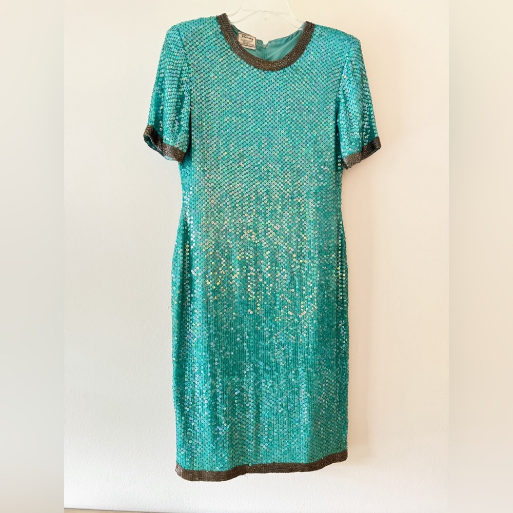 Vintage Stenay Turquoise Sequin Gown Mini Dress XS